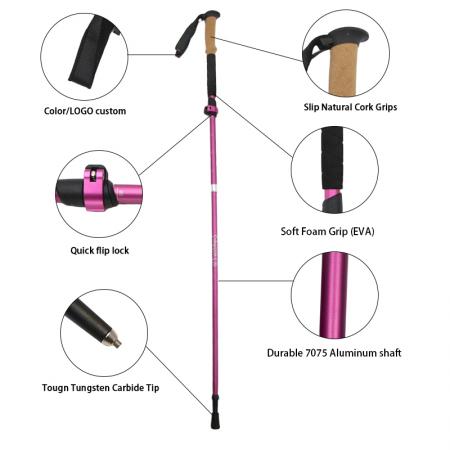 ไม้เท้าเดินป่า/เดินเขาแบบพับได้ 5 ส่วน ทำจากอลูมิเนียมเกรดการบิน 7075