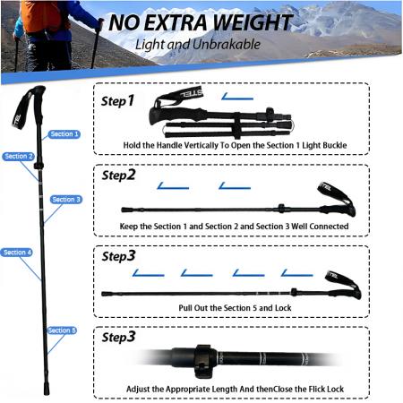ไม้เท้าเดินป่าพับได้ 5 ส่วน ทำจากอลูมิเนียมอัลลอยด์ 6061 น้ำหนักเบาพิเศษ ด้ามจับ EVA ปรับระดับได้ เหมาะสำหรับกิจกรรมกลางแจ้ง 