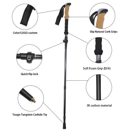 ไม้เท้าพับได้ทำจากอลูมิเนียมอัลลอยด์ ด้ามจับทำจากไม้ก๊อก ปรับระดับได้ สำหรับปีนเขา เดินป่า และเดินป่า 