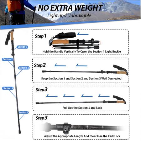 ไม้เท้าพับได้ทำจากอลูมิเนียมอัลลอยด์ ด้ามจับทำจากไม้ก๊อก ปรับระดับได้ สำหรับปีนเขา เดินป่า และเดินป่า 