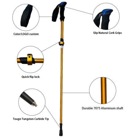 ไม้เท้าเดินป่าอลูมิเนียมแบบพับได้ 5 ส่วน 1 คู่ 