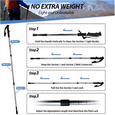 ไม้เท้าเดินป่าแบบยืดหดได้สำหรับใช้กลางแจ้ง ทำจากอลูมิเนียมอัลลอยด์ ด้ามจับยาง น้ำหนักเบา มีระบบล็อคภายใน 
