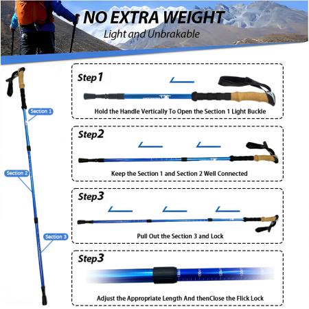 ไม้เท้าเดินป่าแบบยืดหดได้ 3 ส่วน ทำจากอลูมิเนียมอัลลอยด์ดูราลูมิน 6061 สำหรับใช้งานกลางแจ้ง 